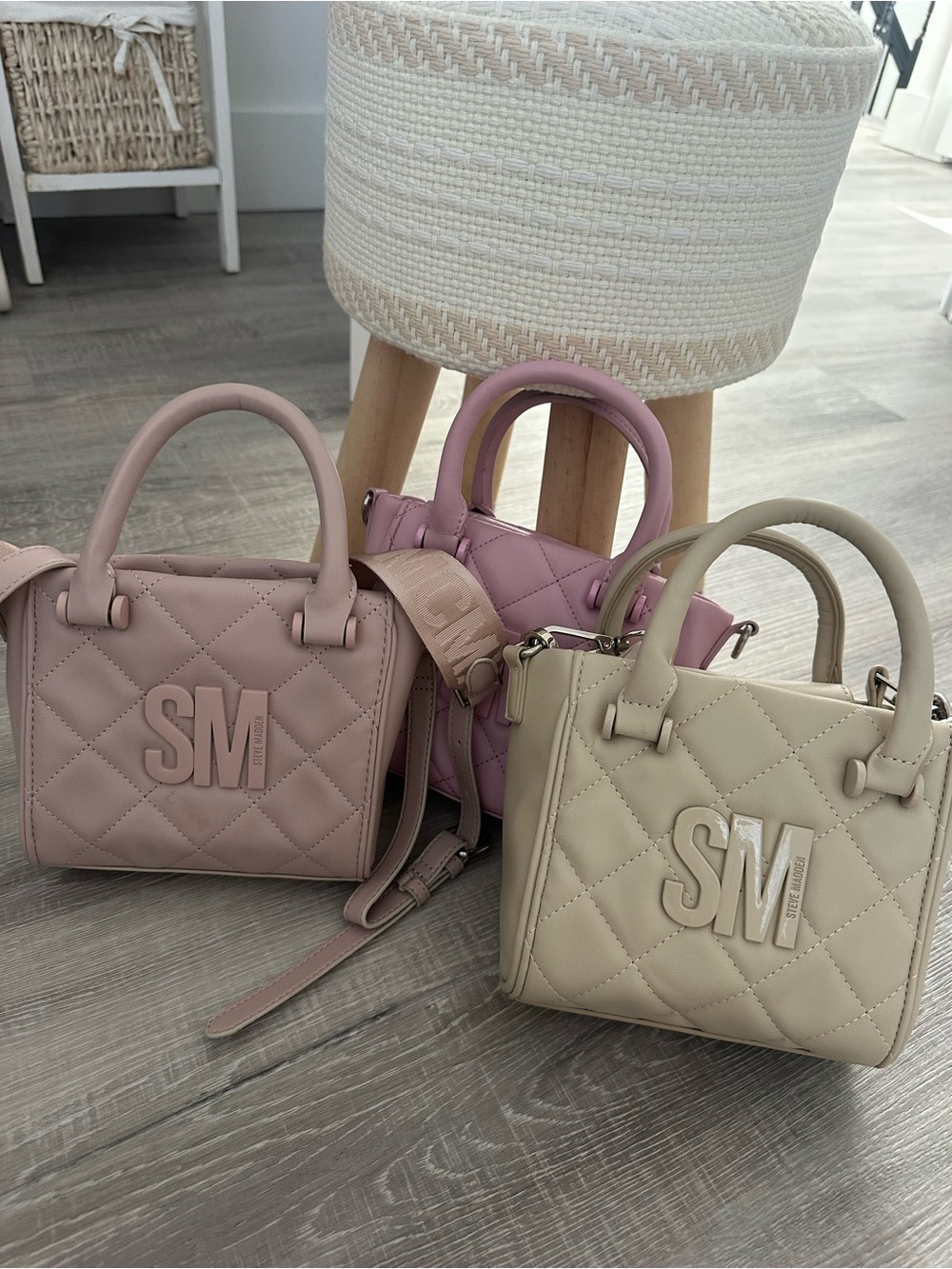 Steve Madden Quilted Mini Satchel Trio in Blush, Mauve, and Cream
